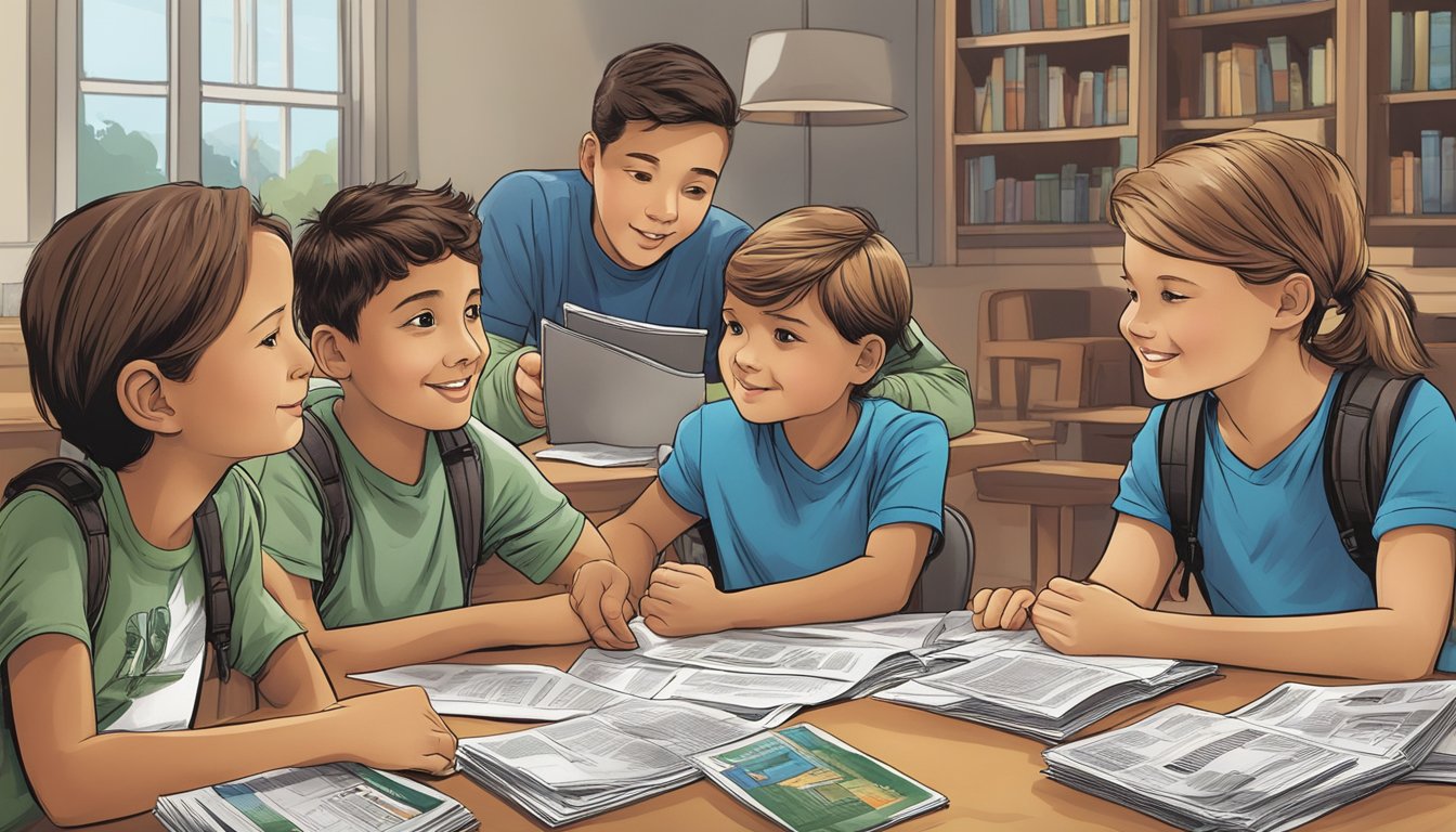 A group of kids gather around a table covered in pamphlets and brochures, discussing their options for youth hunter education courses