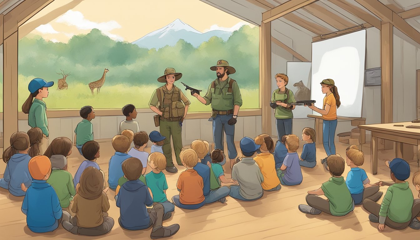 A group of children learning about safety and responsibility in a hunter education class, with instructors teaching them about firearm handling and wildlife conservation