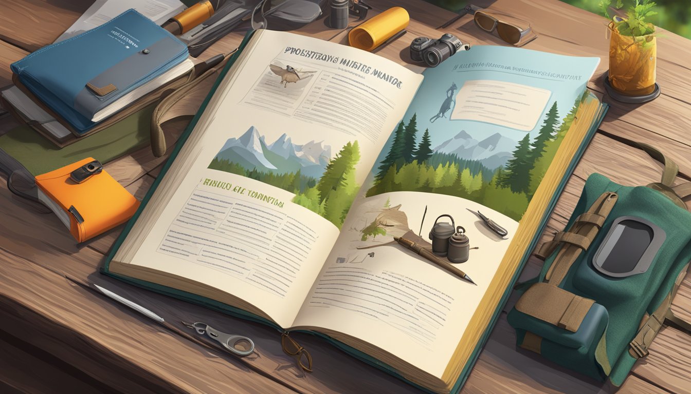 A hunter education manual open on a table, surrounded by outdoor gear and wildlife illustrations