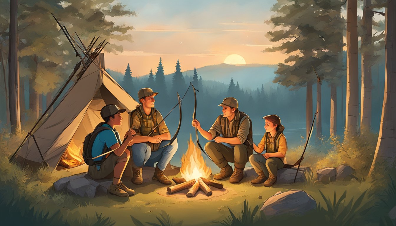 A family sits around a campfire, teaching children about hunting safety and ethics. A bow and arrow, hunting gear, and wildlife surrounds them