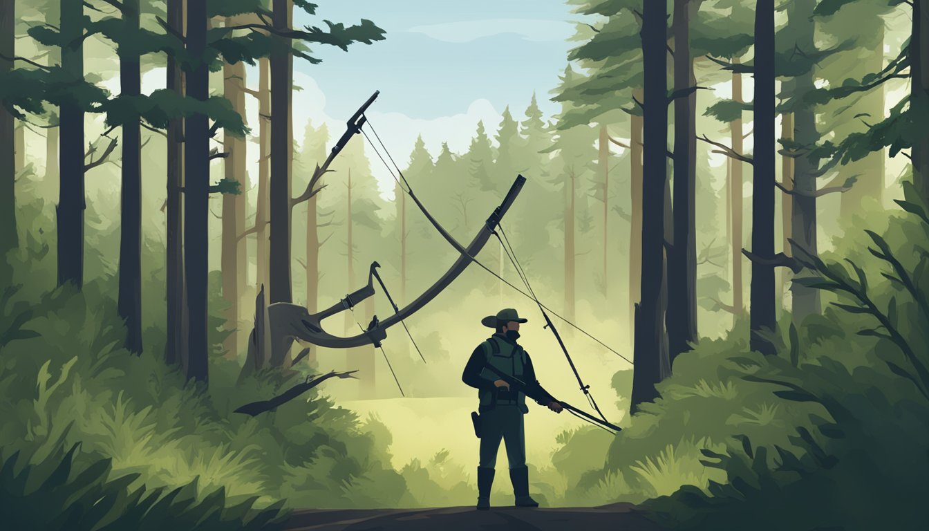 A hunter education masters logo displayed against a backdrop of a forest with a rifle and bow crossed in the center