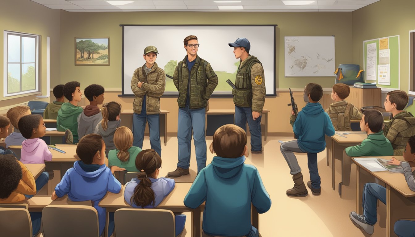 A group of young hunters gather around an instructor, learning about firearm safety and wildlife conservation in a classroom setting