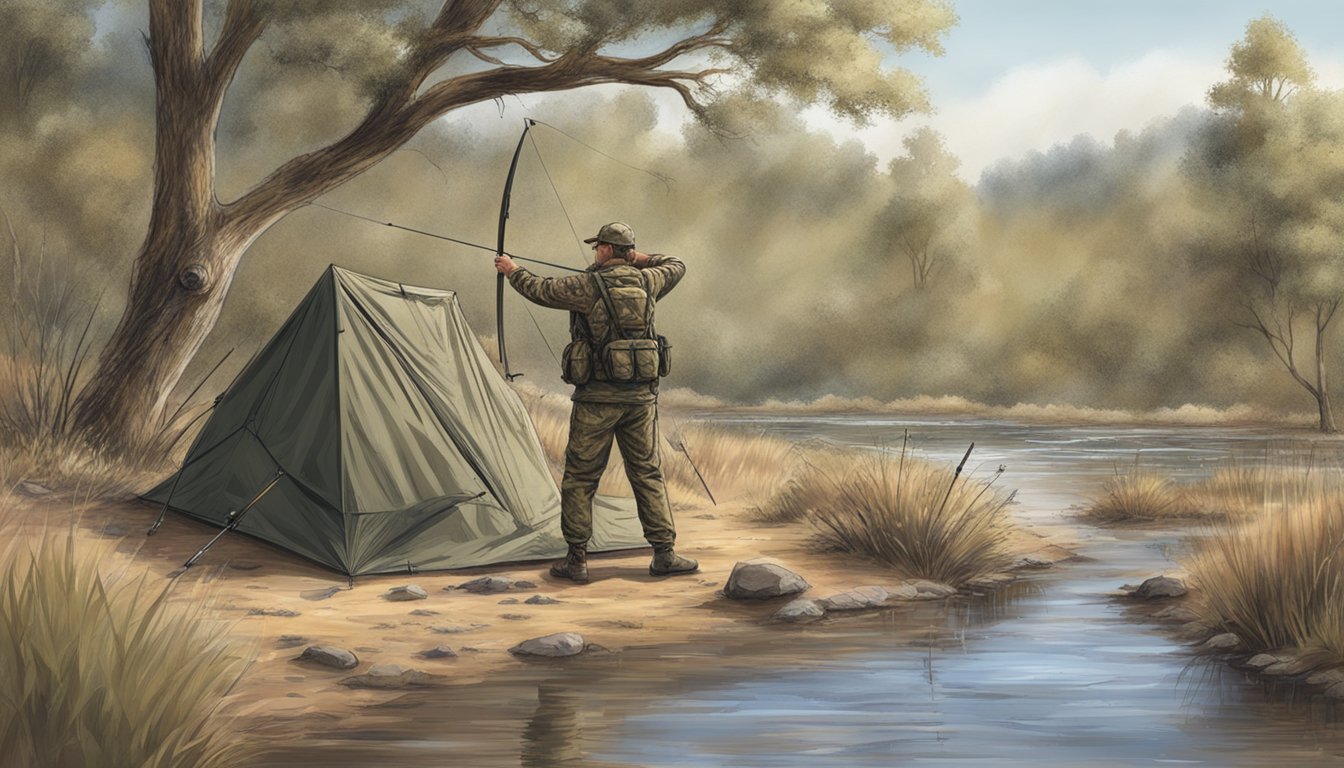 A hunter setting up a camouflage blind near a watering hole, with a bow and arrows laid out and a trail camera hidden nearby