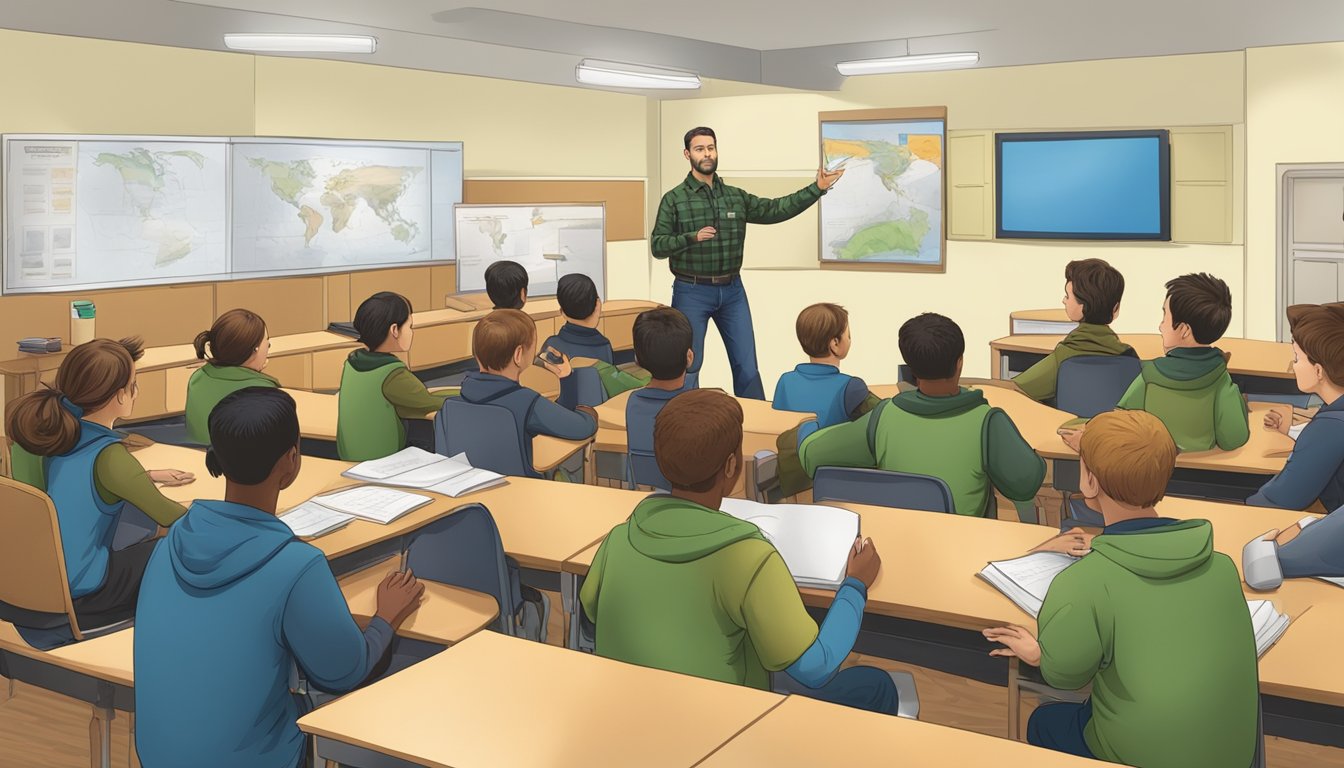 A hunter safety instructor lecturing to a group of students in a classroom setting, with educational materials and visual aids displayed