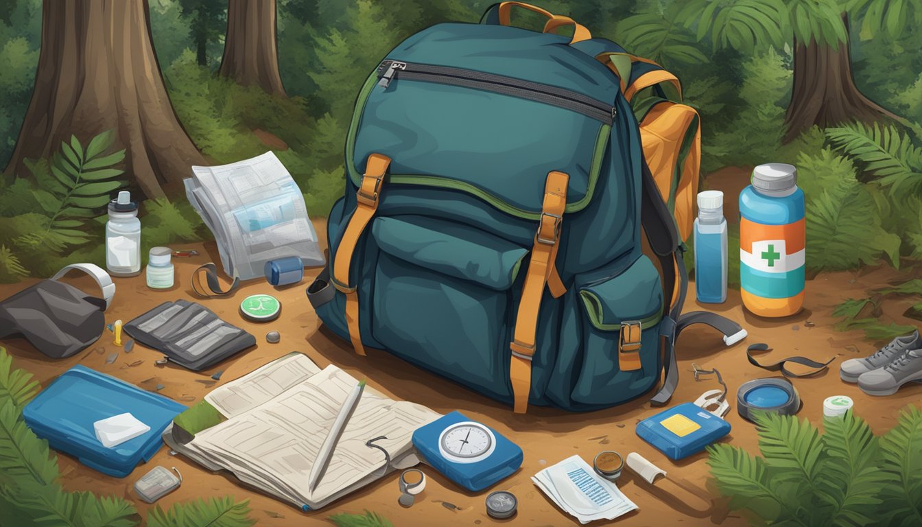 A backpack open on the ground, with a first aid kit, compass, and survival guide spilling out onto the forest floor