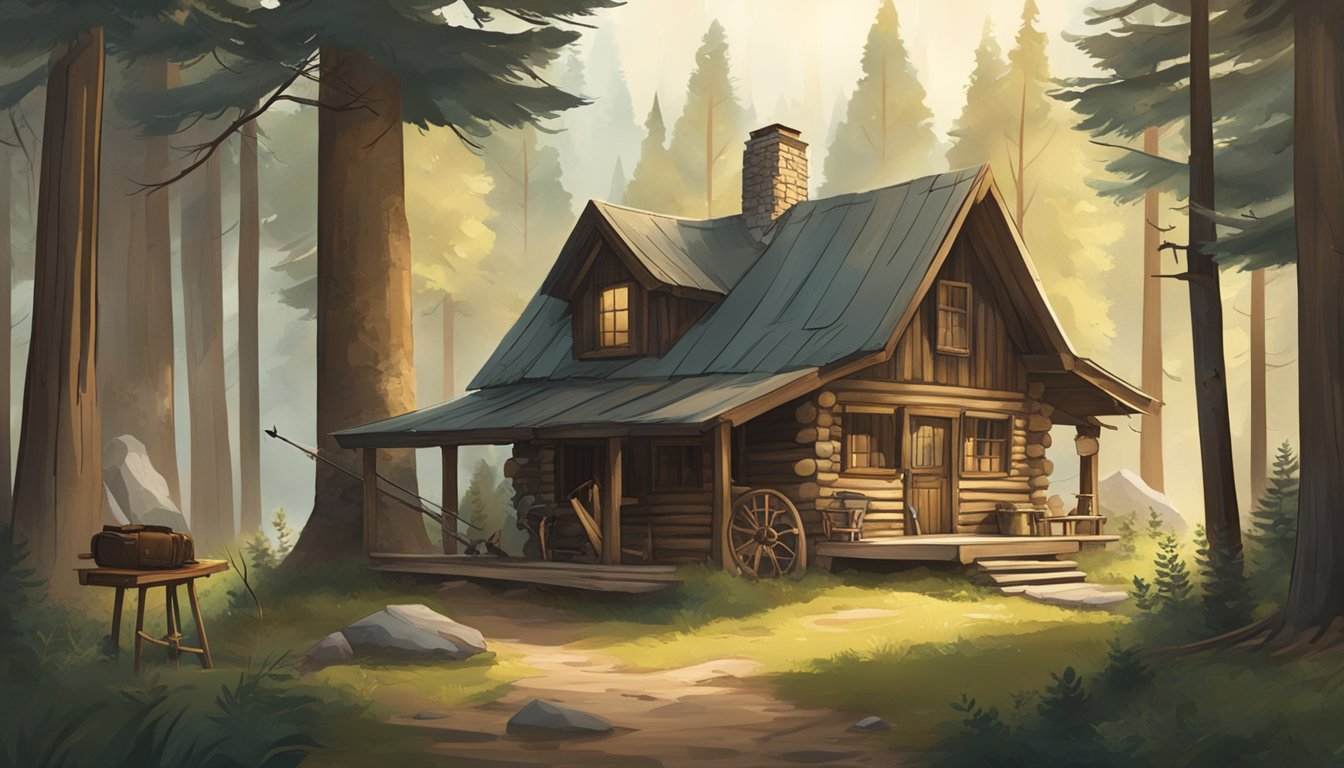 A serene forest clearing with a rustic cabin, a bow and arrow, and various hunting gear scattered about. The scene is peaceful and inviting