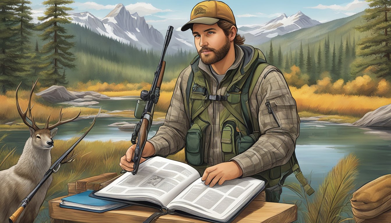 A hunter education manual study guide surrounded by outdoor gear and wildlife illustrations