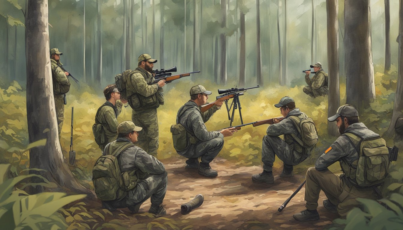 A group of hunters in camouflage gear gather around an instructor in a wooded area, listening intently as he demonstrates firearm safety and hunting techniques