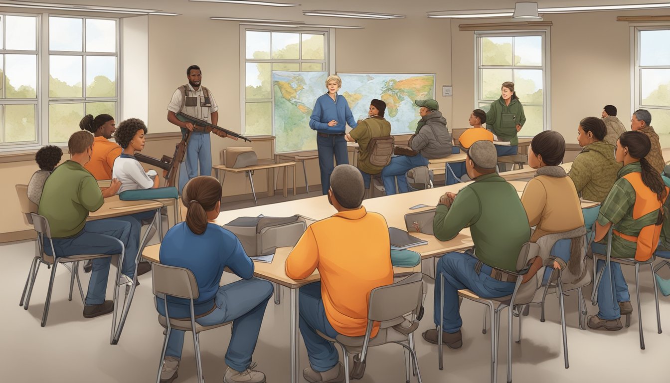 A group of diverse individuals learn hunting safety in a classroom setting with educational materials and instructors specialized in teaching hunter education