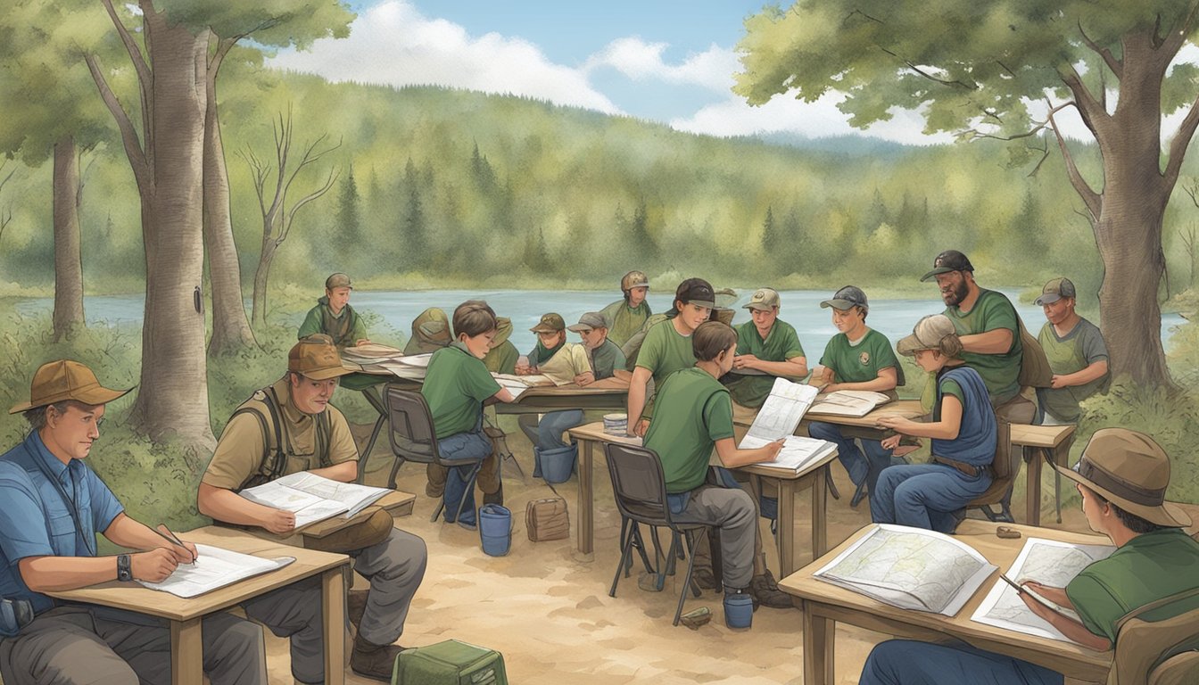 A hunter education instructor teaches outdoor skills in a classroom filled with books, maps, and wildlife illustrations