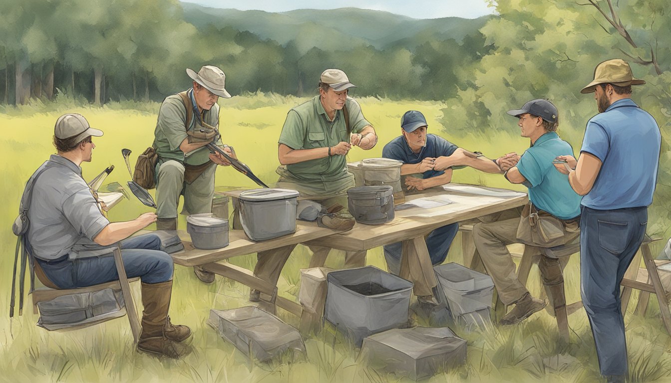 A group of educators demonstrate hands-on outdoor teaching methods to a class of hunter education masters