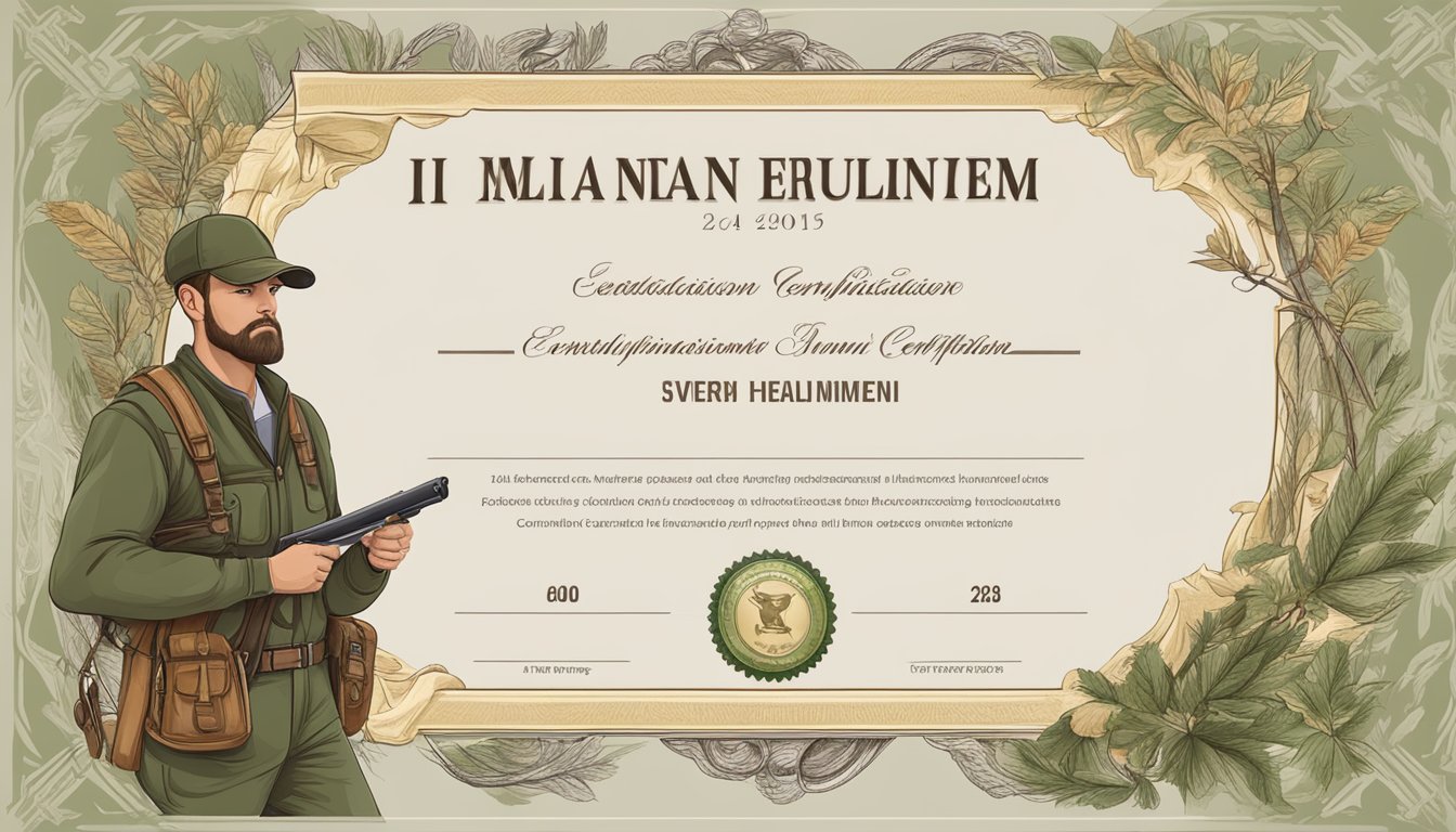 A hunter holding a certificate with an enrollment and certification number