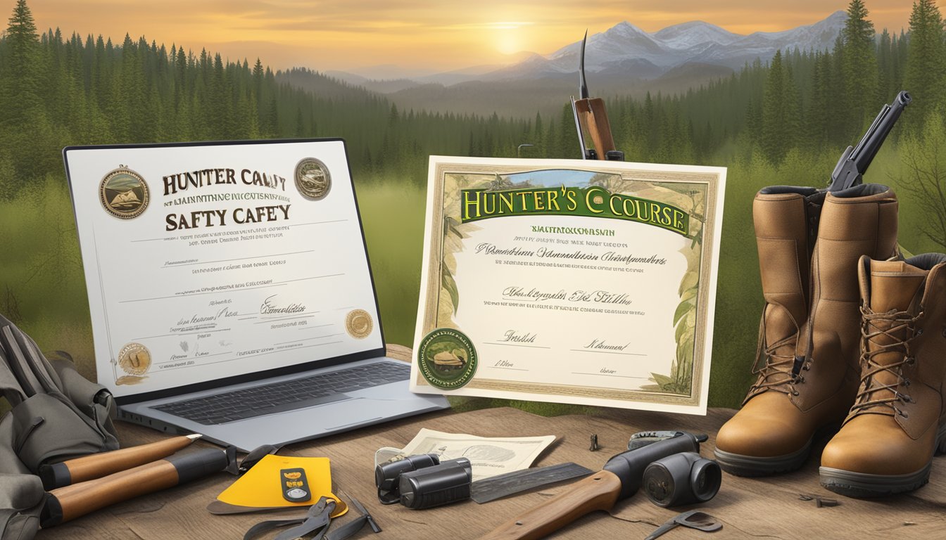 A hunter's safety course certificate displayed with hunting gear and outdoor scenery in the background