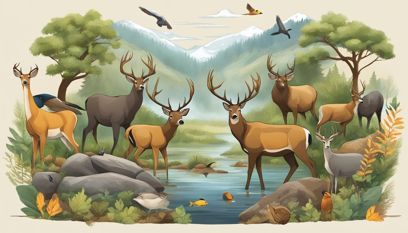 A group of diverse wildlife, including deer, birds, and fish, surrounded by nature and a hunter education logo