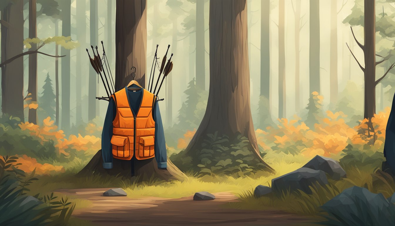 A hunter's orange vest hanging on a wooden post in a forest clearing, with a bow and arrows leaning against it