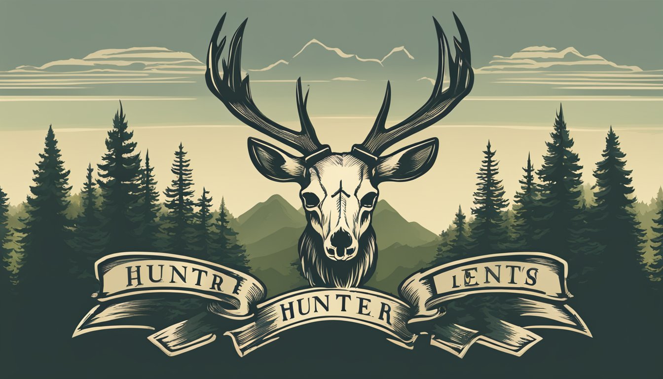 A hunter education logo with a deer skull, crossed rifles, and a forest backdrop