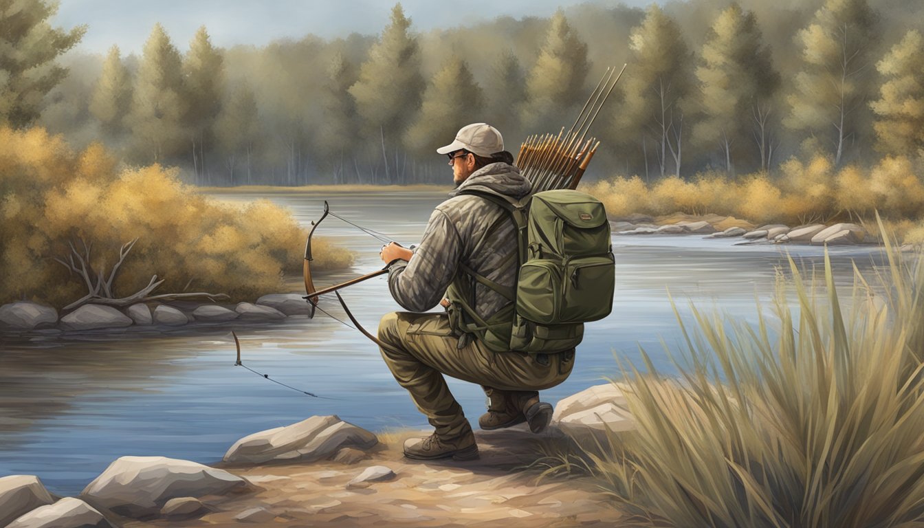 A hunter setting up a camouflage blind near a watering hole, with a bow and arrows, and a backpack filled with supplies