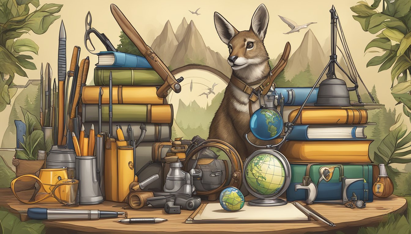 A hunter education logo surrounded by various educational tools and resources