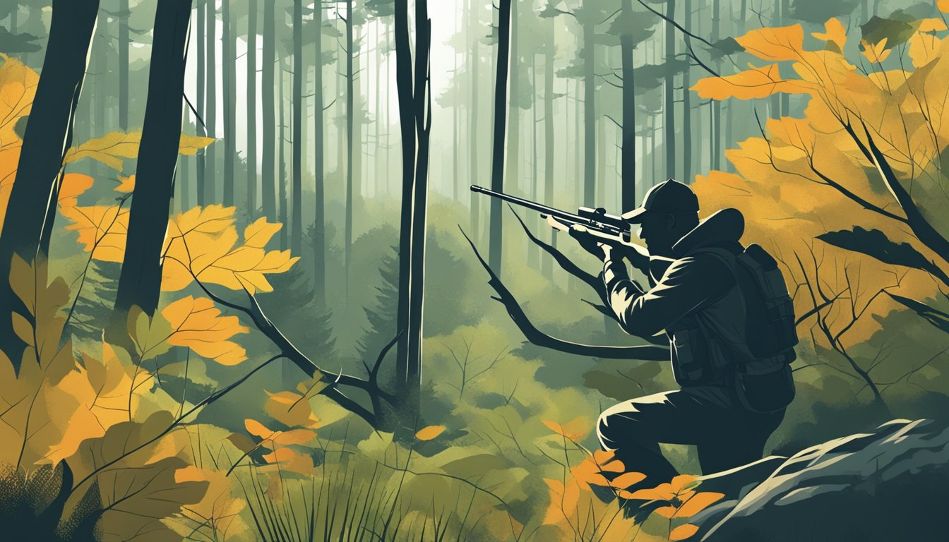 A forest with a hunter's silhouette aiming at a target