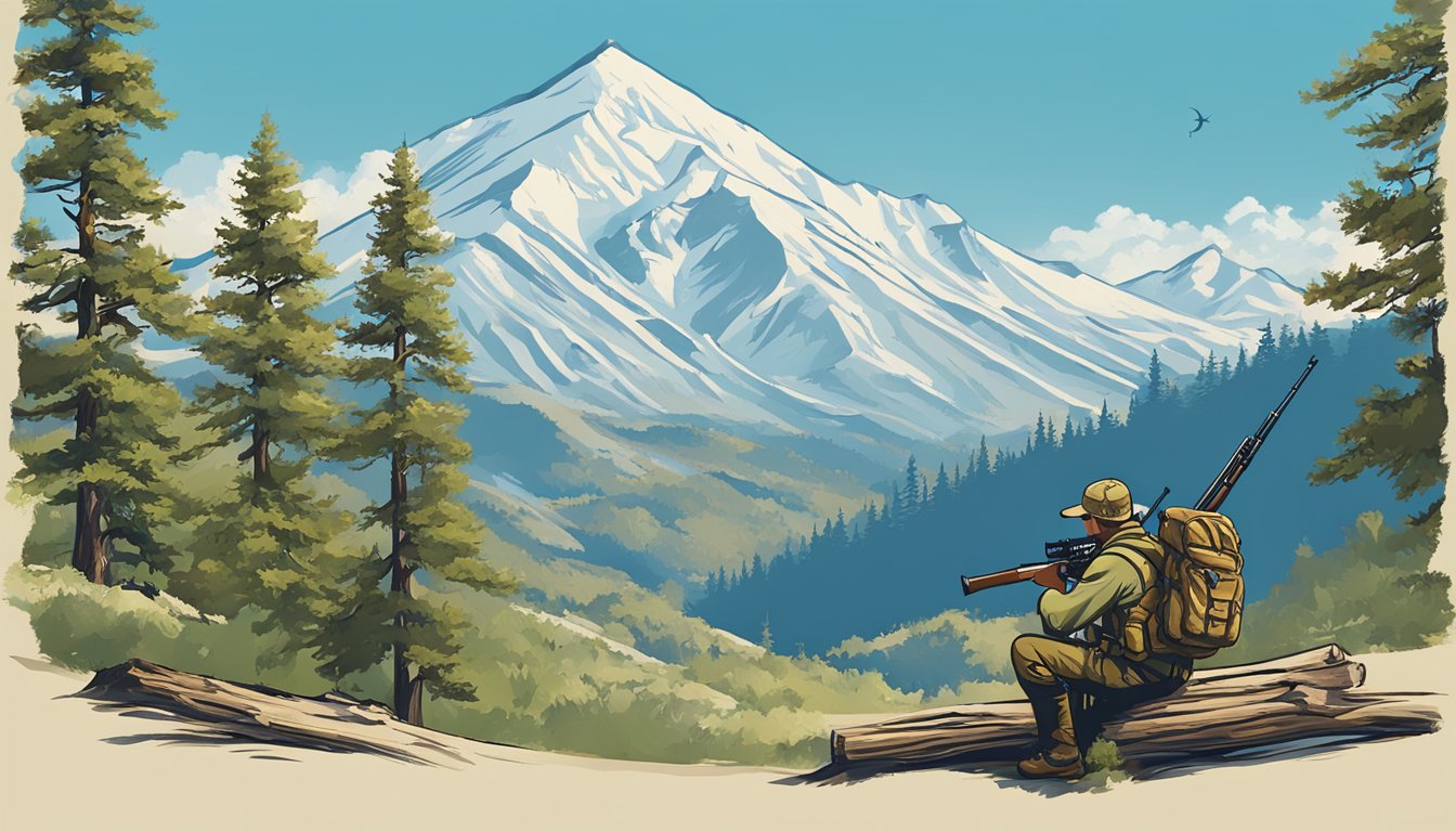 A hunter education logo featuring a rifle, compass, and tree, set against a mountainous backdrop with a clear blue sky