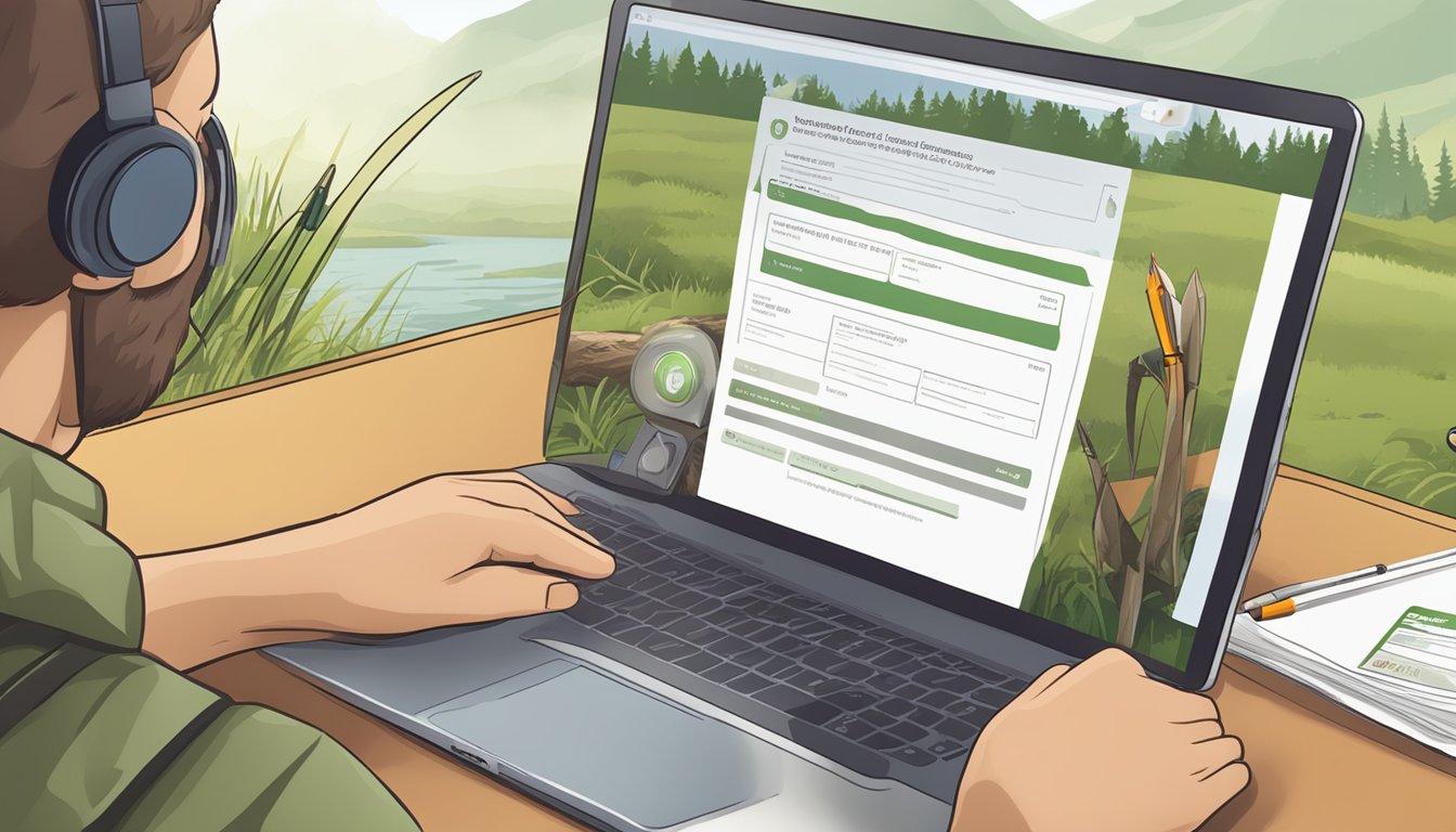 A computer screen displaying an online hunter education class. A person fills out a hunting license application form