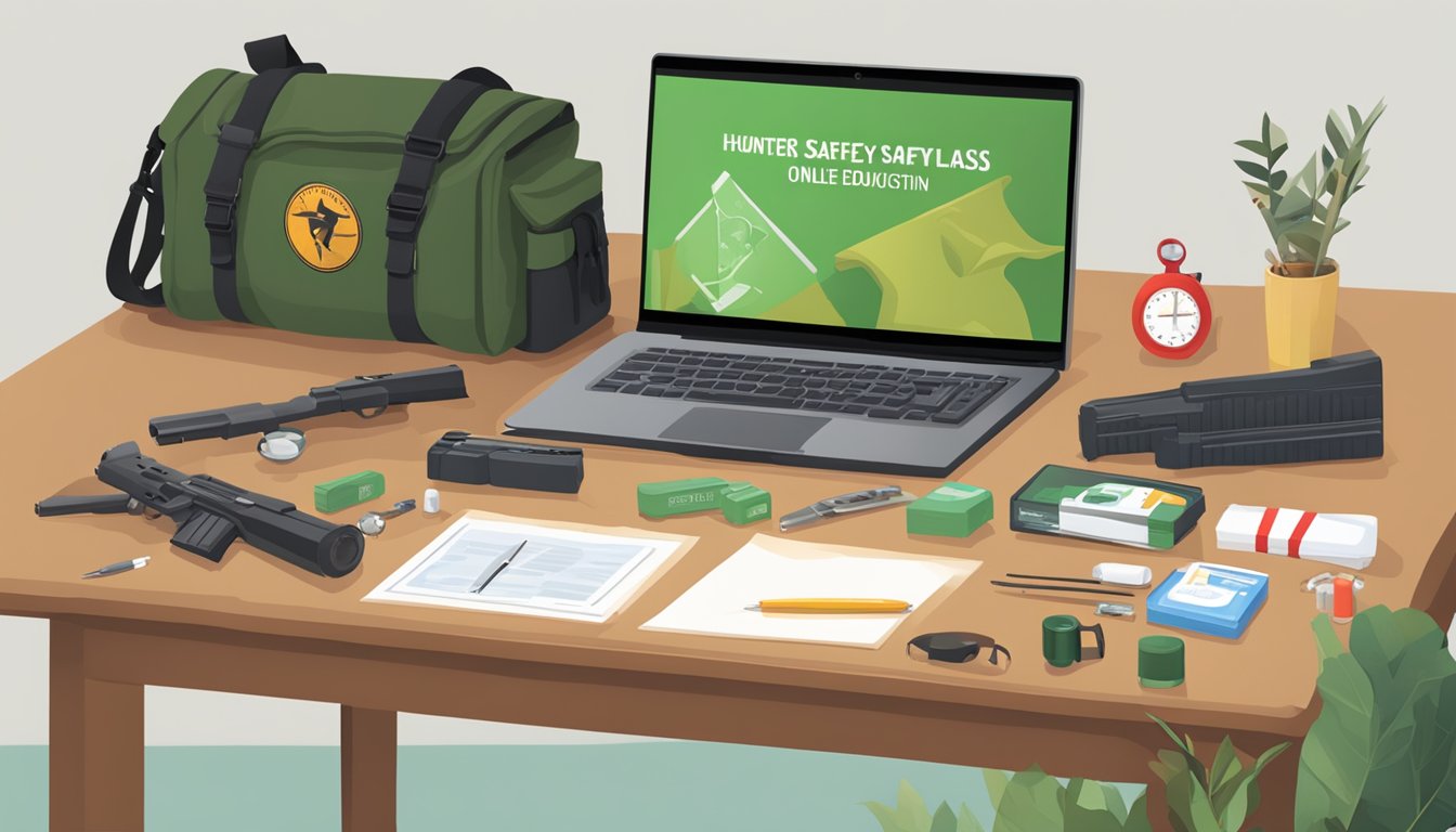 A hunter's safety education online class with a firearm, first aid kit, and survival gear on a desk