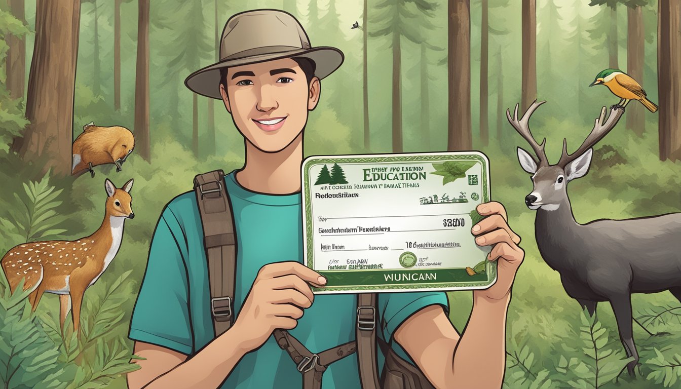 A person holding a hunter education certification card, surrounded by woodland and wildlife illustrations