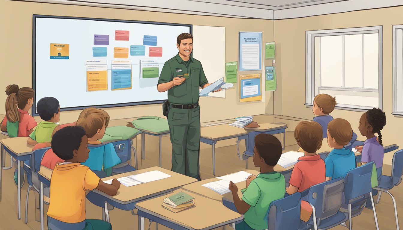 A hunter education instructor handing out replacement cards to students in a classroom, with state-specific regulations displayed on the wall