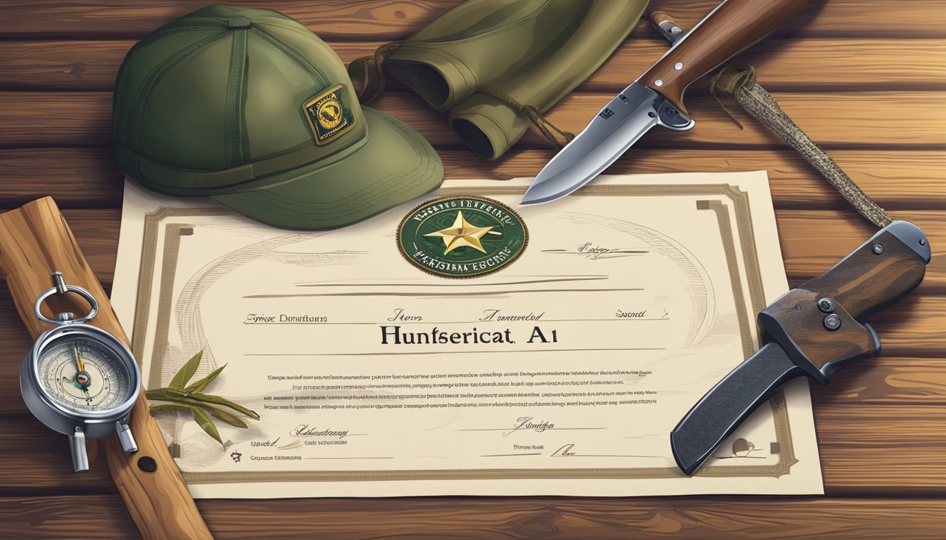 A hunter safety certificate lying on a wooden table with a compass, hunting knife, and camouflage hat nearby