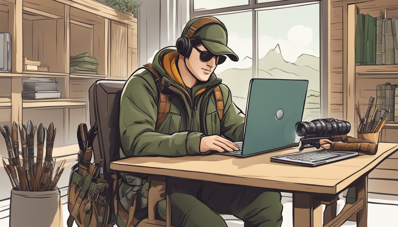 A hunter sitting at a computer, completing an online hunter education course with various hunting gear and equipment displayed nearby