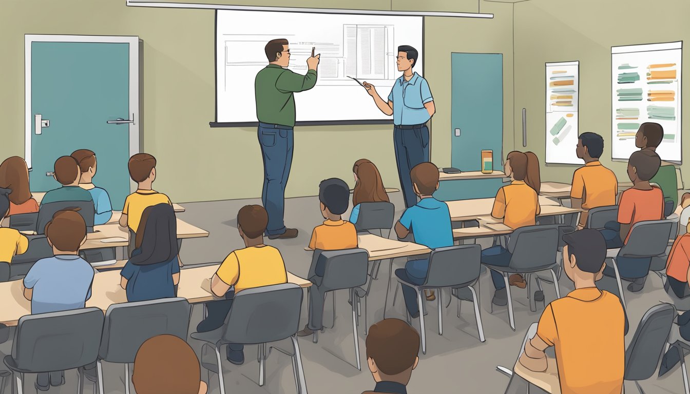 An instructor holds a hunter education manual while pointing to a diagram of firearm safety rules. A group of students listens attentively