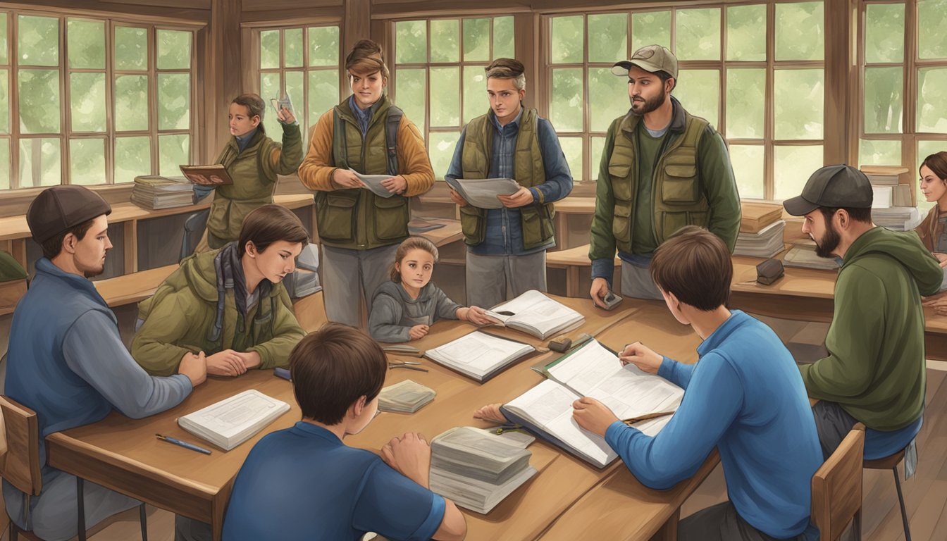 A hunter education class with students, instructor, and educational materials