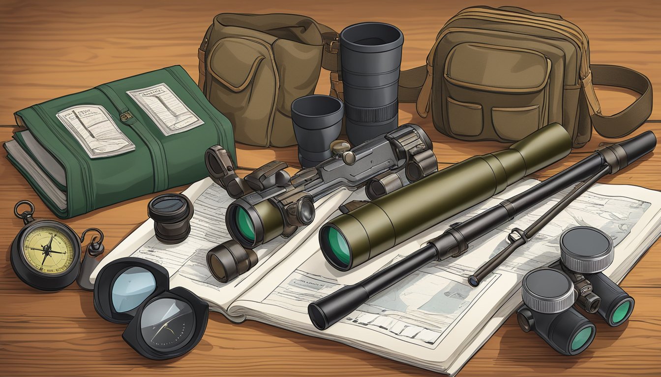 A hunter's safety manual surrounded by a compass, binoculars, and a rifle, all laid out on a wooden table