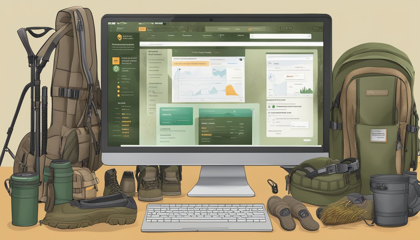 A computer screen displaying an online hunter safety course, surrounded by hunting gear and safety equipment