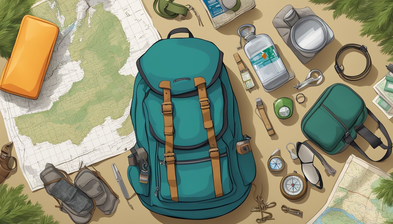 A wilderness scene with a backpack, compass, first aid kit, and map