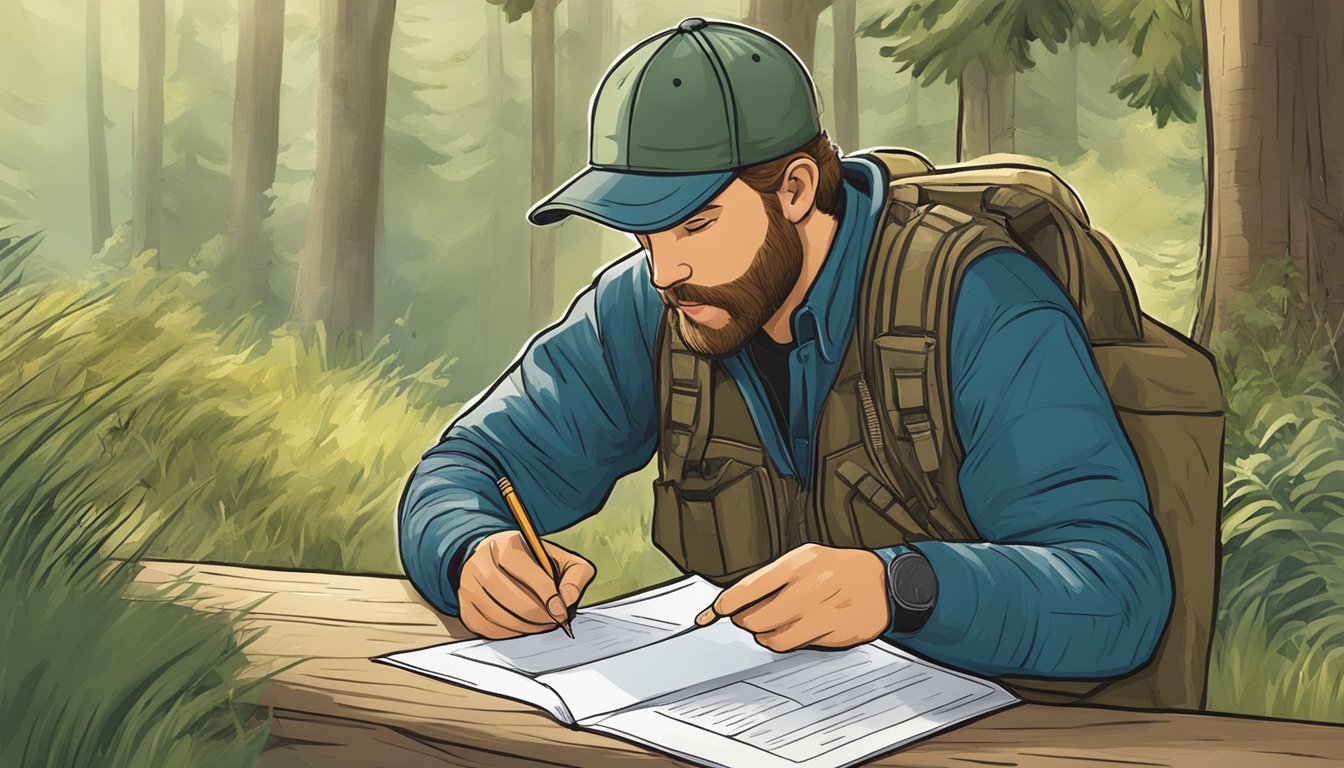 A hunter holding a certificate while studying a PDF on wildlife education