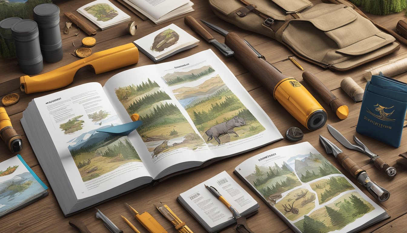 A hunter education manual open on a wooden table surrounded by hunting gear and wildlife illustrations