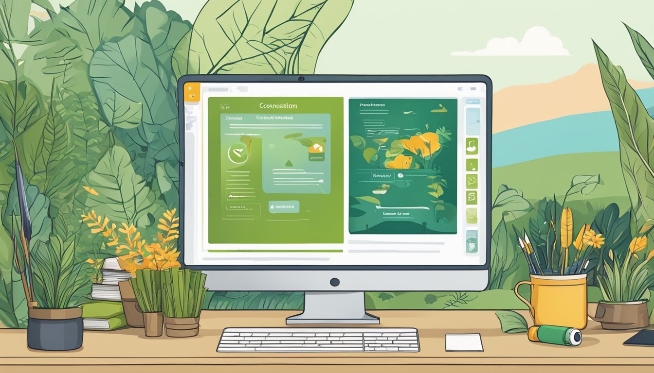 A computer screen displaying an online course on conservation and wildlife management, surrounded by nature-themed decorations and educational materials