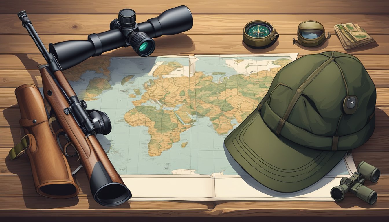 A hunter's rifle, compass, and map laid out on a wooden table. A pair of binoculars and a camouflage hat sit nearby