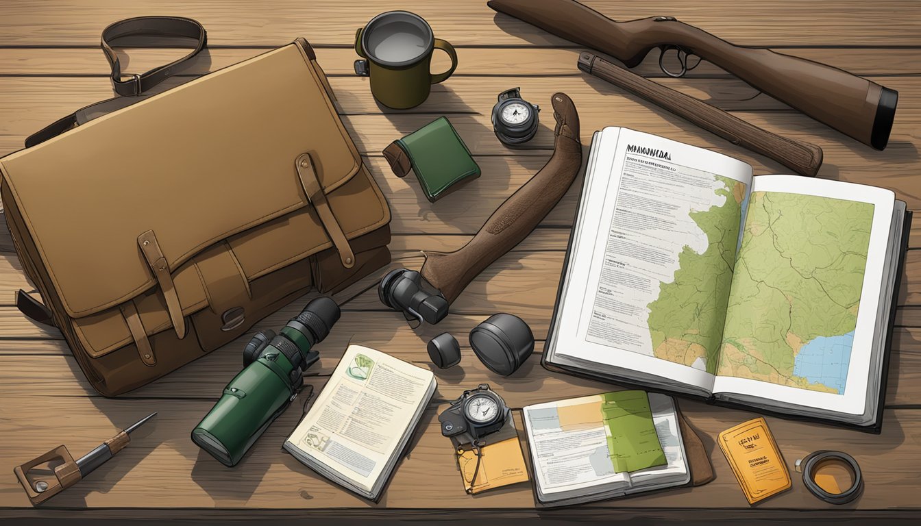 A hunter safety manual open on a wooden table, surrounded by hunting gear and a map of hunting regulations