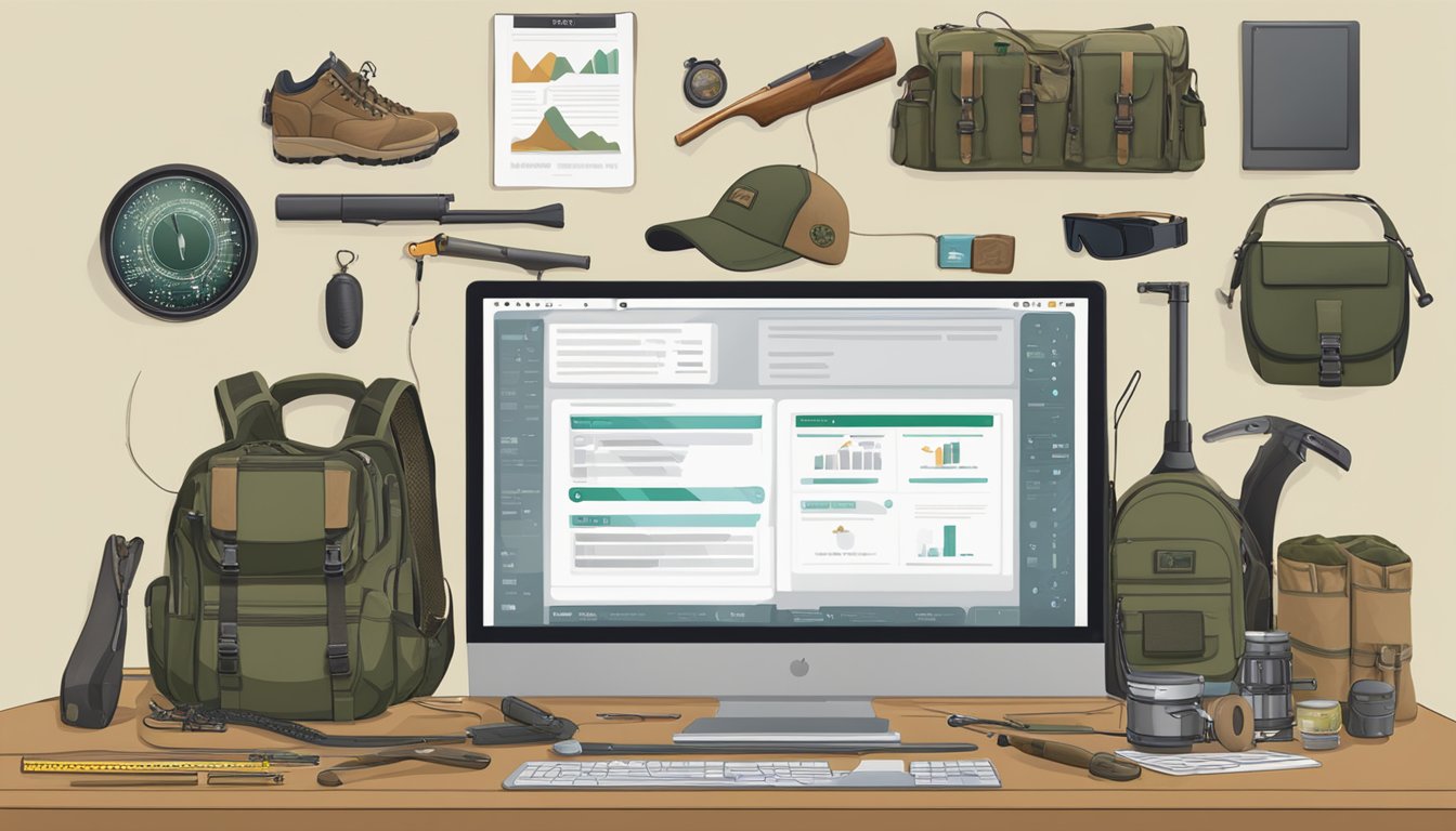 A computer screen displays a hunter education online course with hunting gear and safety materials laid out on a table