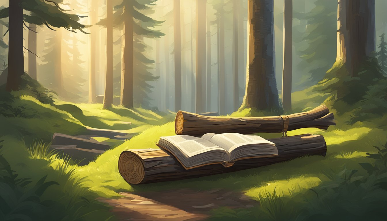 A serene forest clearing with a rustic wooden signpost and a stack of hunter education manuals on a moss-covered log. Sunlight filters through the trees