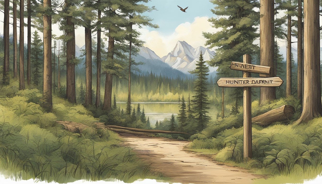 A serene forest clearing with a hunter education permit displayed prominently on a rustic wooden signpost. Surrounding wildlife and nature elements convey the importance of the program