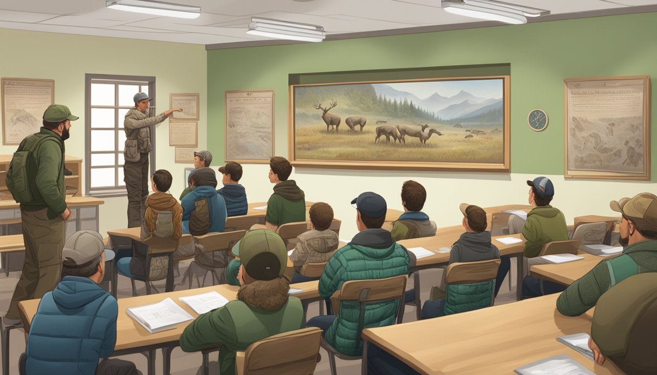 A group of hunters sit in a classroom, listening to an instructor explain the certification process. Visual aids and educational materials are displayed on the walls