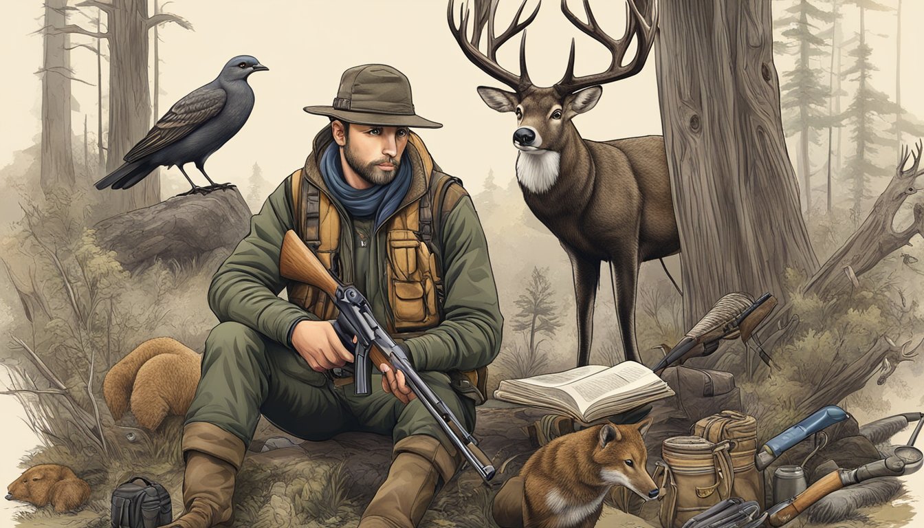 A hunter holding a manual, surrounded by wildlife and various hunting gear