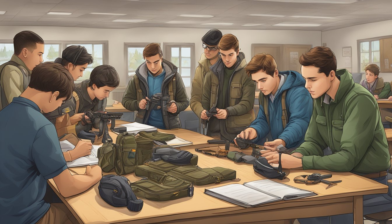 A group of students and an instructor gather around a table, examining various hunting gear and safety equipment in a classroom setting