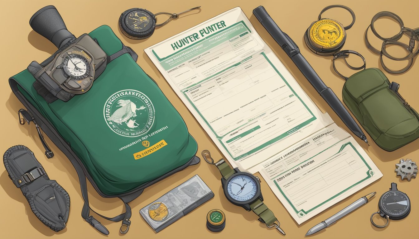 A hunter education permit displayed next to gear for advanced topics, such as tracking and wildlife conservation