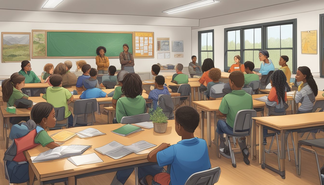 A group of young people and mentors gather in a classroom setting, surrounded by educational materials and equipment for a hunter education program in Portland