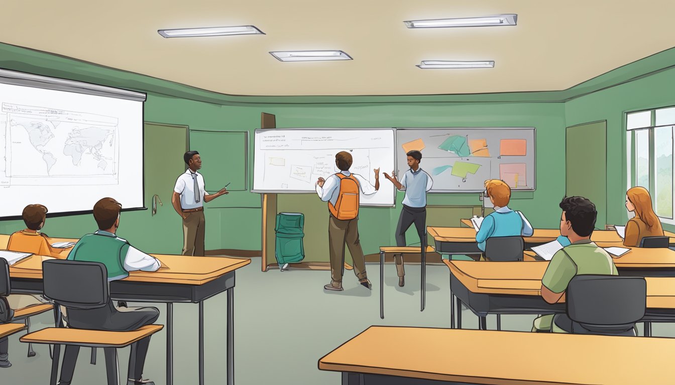 A classroom setting with a whiteboard displaying hunting regulations, and students engaged in a discussion with an instructor