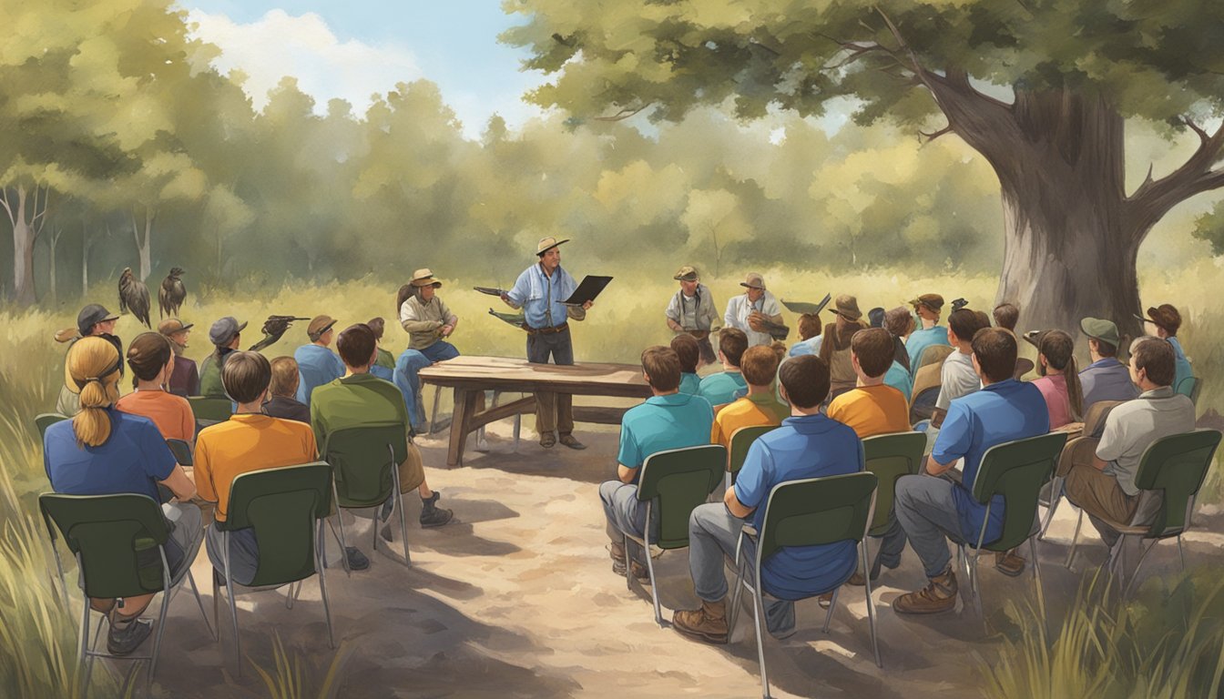 A hunter education instructor teaching a class in a rustic outdoor setting with a group of students listening attentively